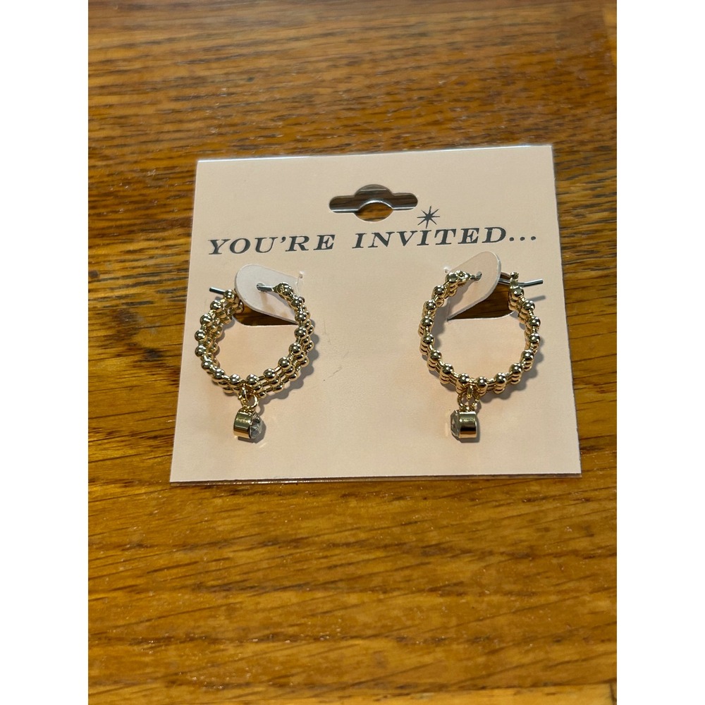 You're Invited Gold Tone Triple Beaded Hoop Earrings with Crystal Charm